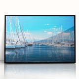 Framed acrylic wall art showcasing a contemporary harbor landscape design with black accents, perfect for modern home decor. Ideal for enhancing living spaces.