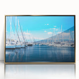 Framed acrylic wall art showcasing a modern harbor landscape design with gold accents, ideal for enhancing contemporary home decor.