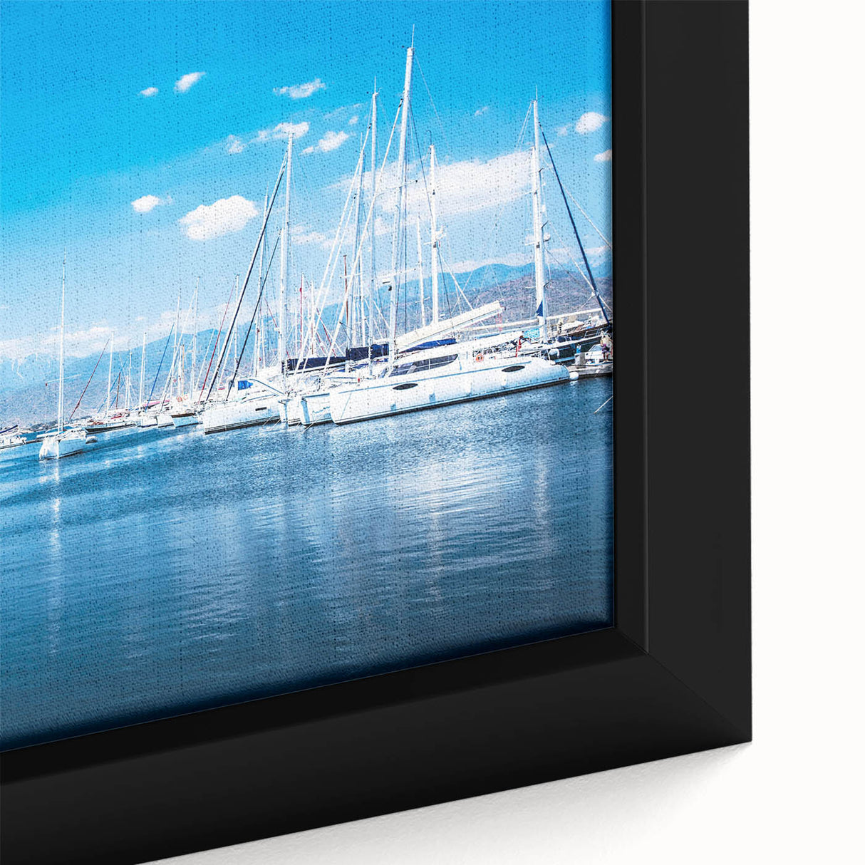 Framed canvas artwork showcasing a serene harbor landscape with vibrant colors and intricate details, ideal for enhancing home decor and creating a calming atmosphere.