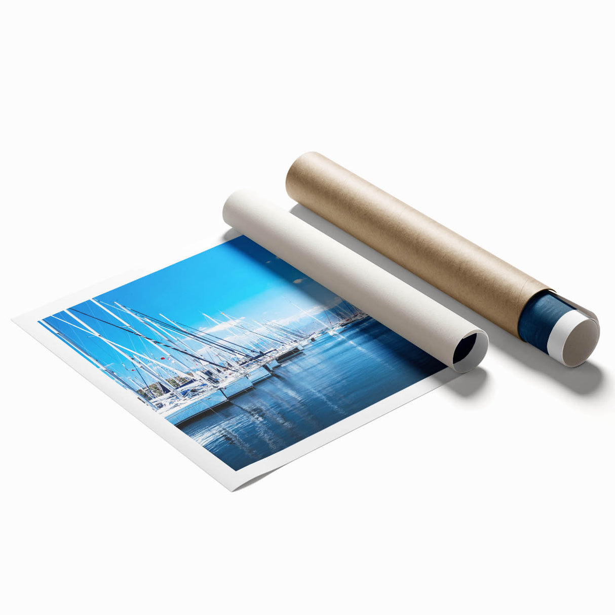 Colorful abstract landscape harbor design rolled print showcasing vibrant blues and greens, ideal for modern home decor, packaged securely in a cardboard tube.