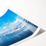 Rolled print showcasing a vibrant harbor landscape design, featuring tranquil water reflections and colorful boats, ideal for enhancing modern home decor.