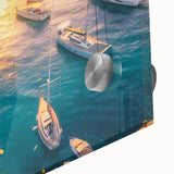 Close-up of a vibrant harbor landscape wall art piece featuring rich colors and intricate details, designed with acrylic glass for a modern aesthetic. Perfect for enhancing home decor with a nautical theme.