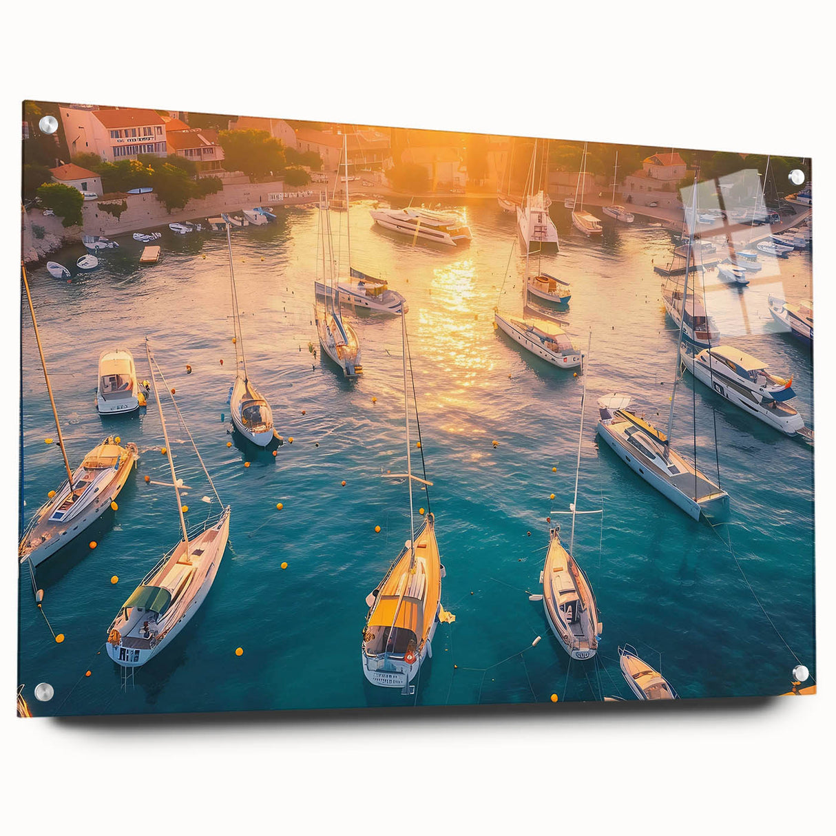 Acrylic glass wall art showcasing a vibrant harbor landscape design in a side view, featuring decorative pins for display. Ideal for modern home decor and coastal themes.