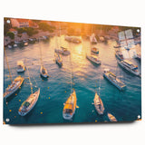Acrylic glass wall art showcasing a vibrant harbor landscape design in a side view, featuring decorative pins for display. Ideal for modern home decor and coastal themes.
