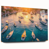 Acrylic glass wall art showcasing a vibrant harbor landscape design, featuring rich colors and intricate details, presented in a side view without pins, perfect for modern decor.