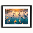 Framed wall art featuring a stunning harbor landscape design, presented in a sleek black frame with a white mat, ideal for modern home decor. The artwork captures serene water reflections and vibrant colors, enhancing any interior space.