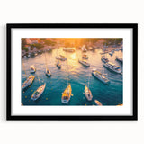 Framed wall art featuring a stunning harbor landscape design, presented in a sleek black frame with a white mat, ideal for modern home decor. The artwork captures serene water reflections and vibrant colors, enhancing any interior space.