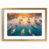 Elegant gold-framed wall art featuring a serene harbor landscape design, complete with a white mat, perfect for enhancing home decor and creating a calming atmosphere.