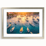 Elegant silver-framed wall art showcasing a serene harbor landscape, complete with a mat for added depth, perfect for enhancing interior decor and creating a calming atmosphere.