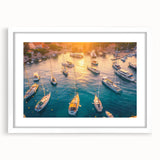 Framed wall art collection showcasing a serene harbor landscape design, featuring a white mat and sleek frame, perfect for enhancing home decor aesthetics.