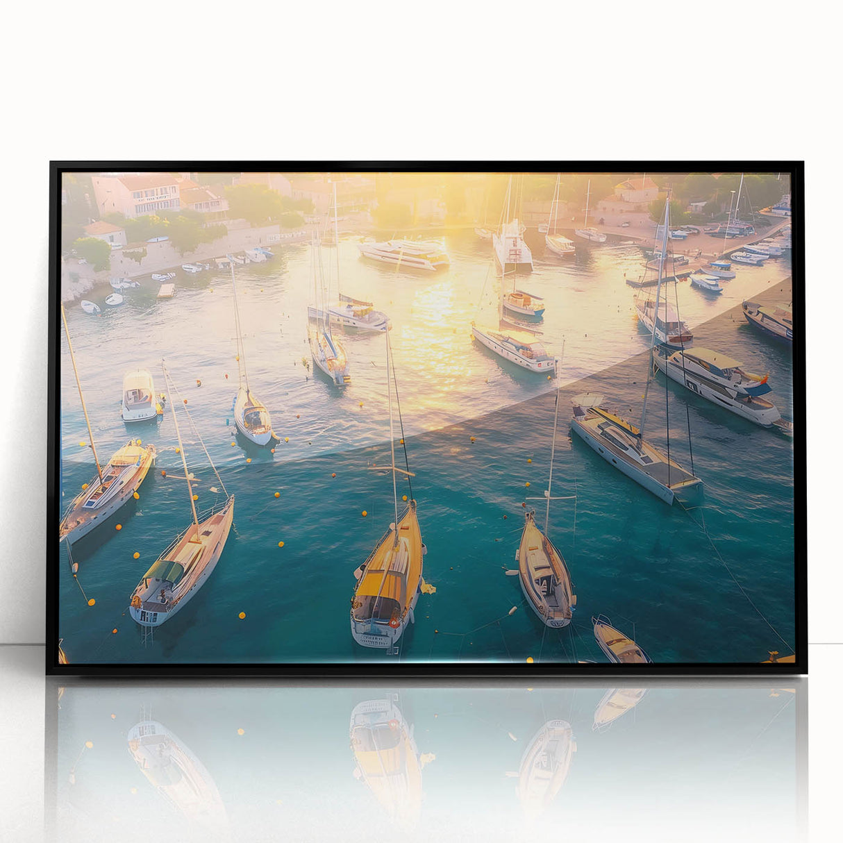 Framed acrylic wall art featuring a modern harbor landscape design in black, showcasing intricate details and a sleek front view, perfect for contemporary decor.