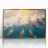 Framed wall art featuring a vibrant harbor landscape design, showcasing rich blues and gold tones. The artwork is elegantly presented with an acrylic front, perfect for enhancing modern home decor.