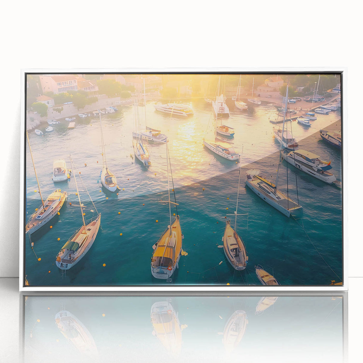 Framed wall art featuring a serene harbor landscape design, showcasing vibrant colors and intricate details, perfect for enhancing modern home decor.