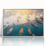 Framed wall art featuring a serene harbor landscape design, showcasing vibrant colors and intricate details, perfect for enhancing modern home decor.