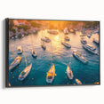 Framed canvas wall art showcasing a serene harbor landscape design with vibrant colors and intricate details, displayed from a side view against a neutral background.