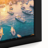 Framed canvas artwork showcasing a vibrant harbor landscape, featuring rich blues and greens. The textured surface highlights intricate details, perfect for home decor.