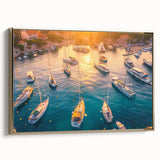 Framed canvas wall art collection showcasing a serene harbor landscape with gold accents, perfect for adding elegance to any living space.