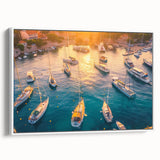 Framed canvas wall art depicting a serene harbor landscape with soft blue and white tones, showcasing a modern design that enhances contemporary home decor.