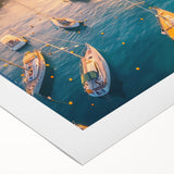 Rolled canvas showcasing a serene harbor landscape design, featuring vibrant blues and greens, elegantly packaged in a durable cardboard tube for safe shipping.