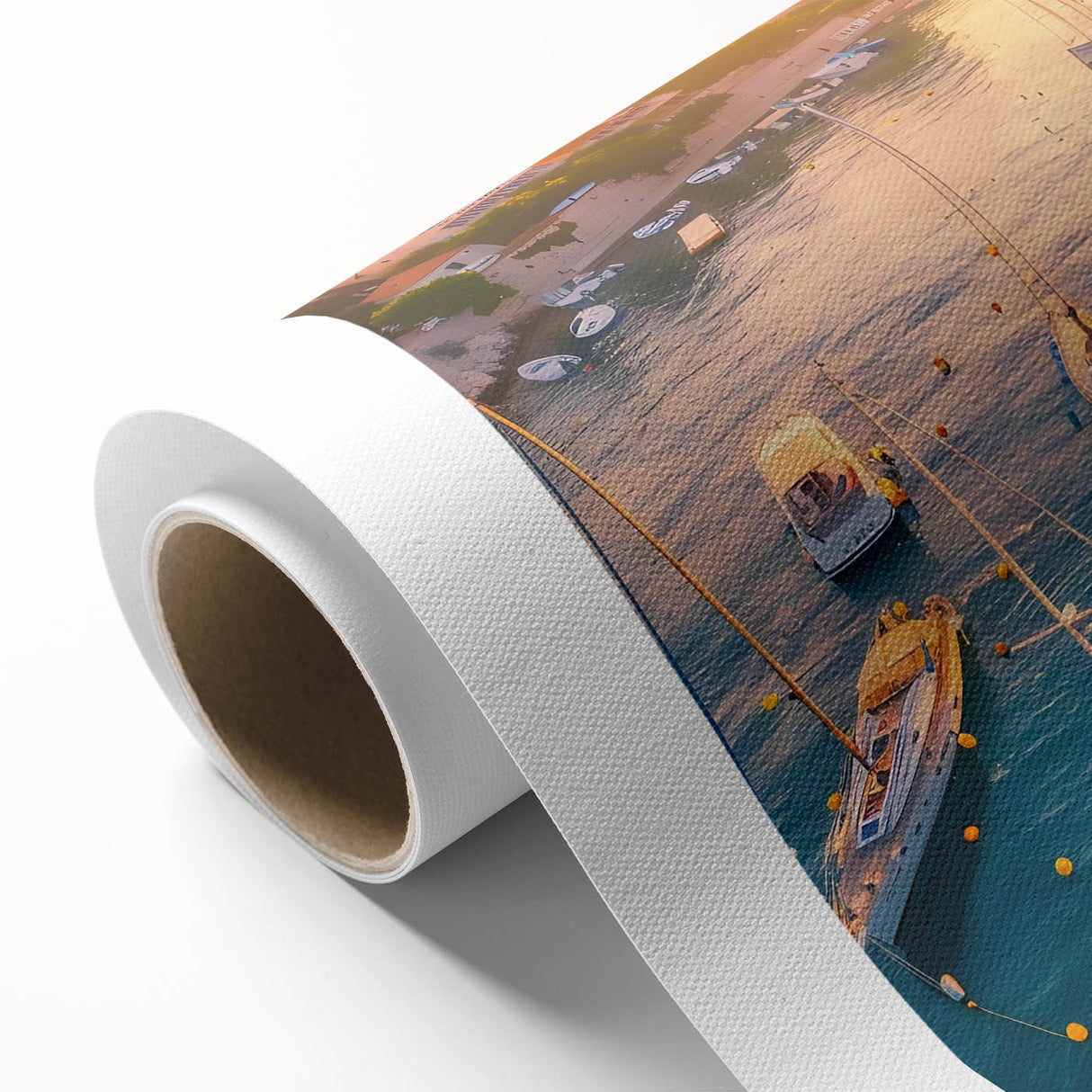 Rolled canvas showcasing a serene harbor landscape design, featuring vibrant blues and greens, ideal for home decor. Packaged securely in a protective tube.