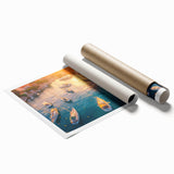 Rolled print of a serene harbor landscape design showcasing vibrant blues and greens, ideal for home decor, beautifully packaged in a protective tube.