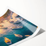 Vibrant rolled print showcasing a serene harbor landscape design, featuring soft blues and greens, perfect for home decor and art enthusiasts.