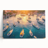 Stretched canvas wall art depicting a serene harbor landscape with vibrant colors, ideal for home decor. The artwork leans against a neutral backdrop, showcasing its artistic details.