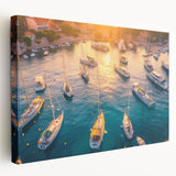 Stretched canvas wall art depicting a serene harbor landscape, showcasing vibrant blues and greens, designed for elegant home decor. Perfect for nautical themes.