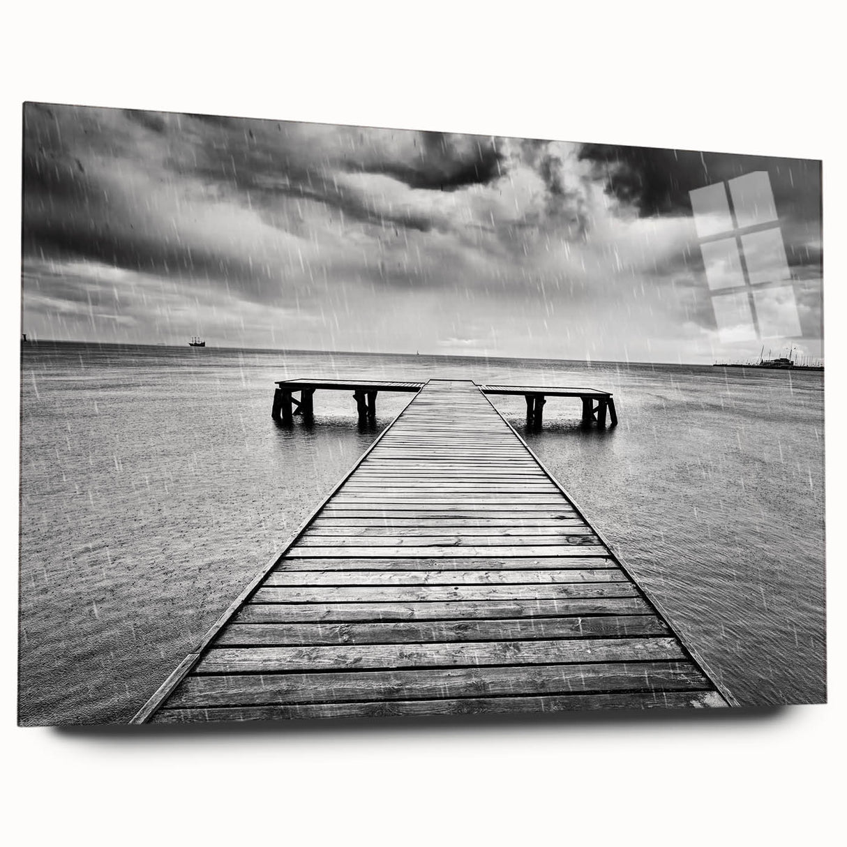 A vibrant acrylic glass wall art piece showcasing a contemporary harbor landscape design, displayed in a sleek side view without pins, perfect for modern home decor.