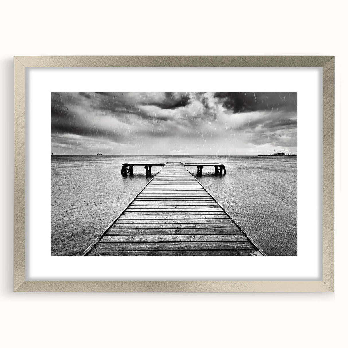 Framed silver mat wall art showcasing a serene harbor landscape design, ideal for enhancing home decor with coastal elegance and tranquility.