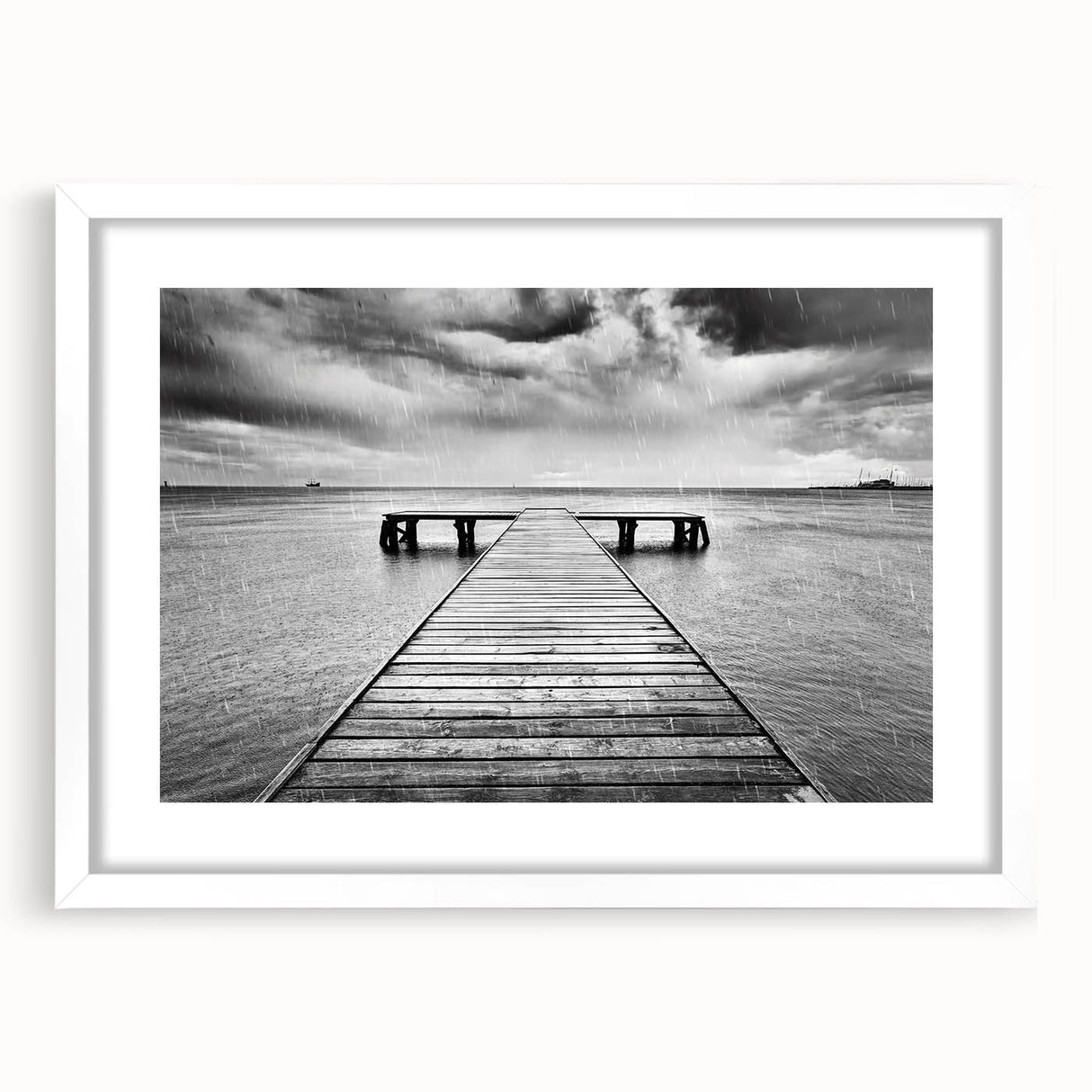 Elegant white-framed wall art showcasing a serene harbor landscape design, featuring soft blues and greens, perfect for enhancing home decor aesthetics.