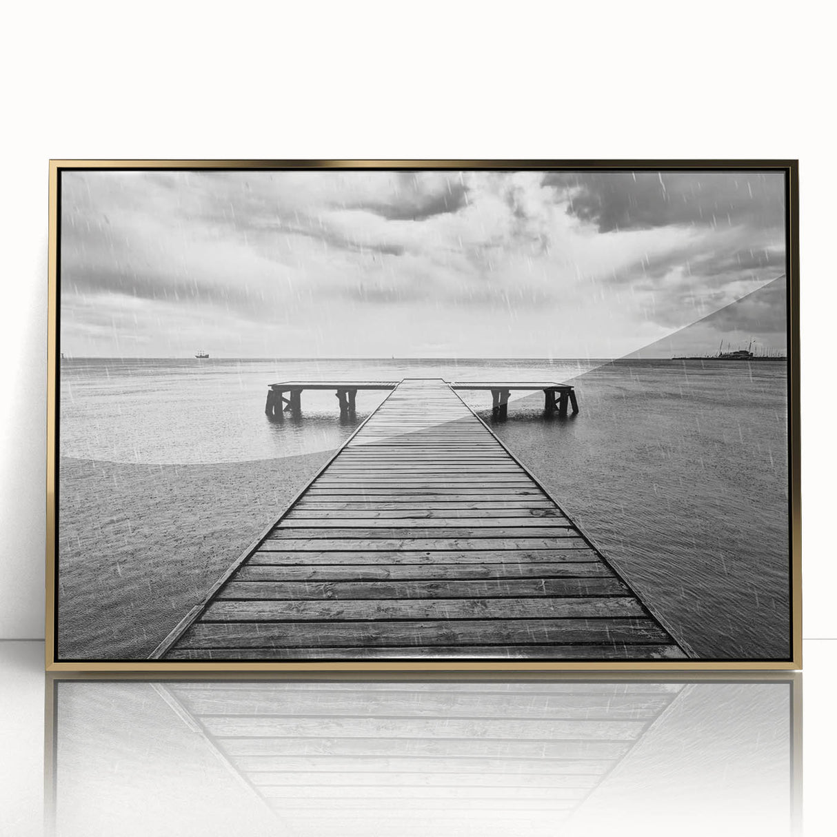 Framed acrylic wall art featuring a serene harbor landscape design in gold tones, ideal for home decor, enhancing modern living spaces with elegance.