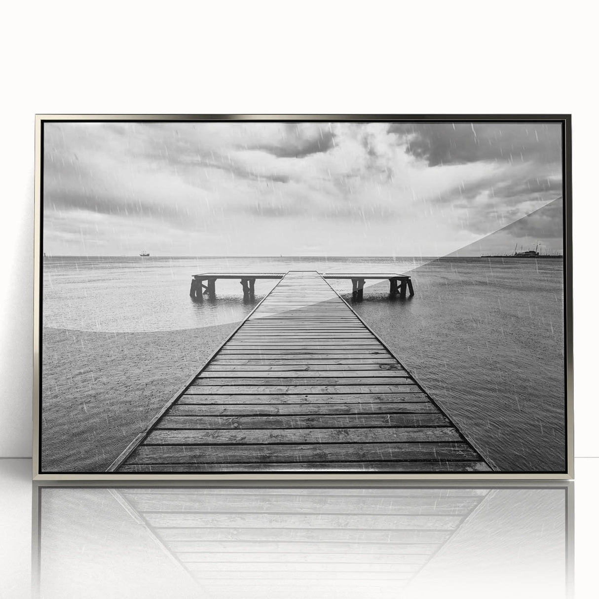 Framed acrylic wall art featuring a contemporary harbor design in silver tones, showcasing a scenic waterfront view, perfect for modern home decor.