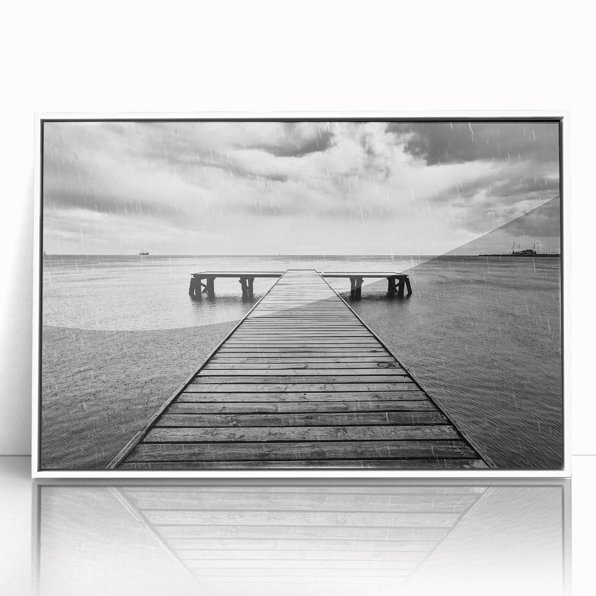Framed acrylic wall art showcasing a serene harbor landscape design with vibrant colors, perfect for modern home decor. Features a sleek white frame and artistic detailing.