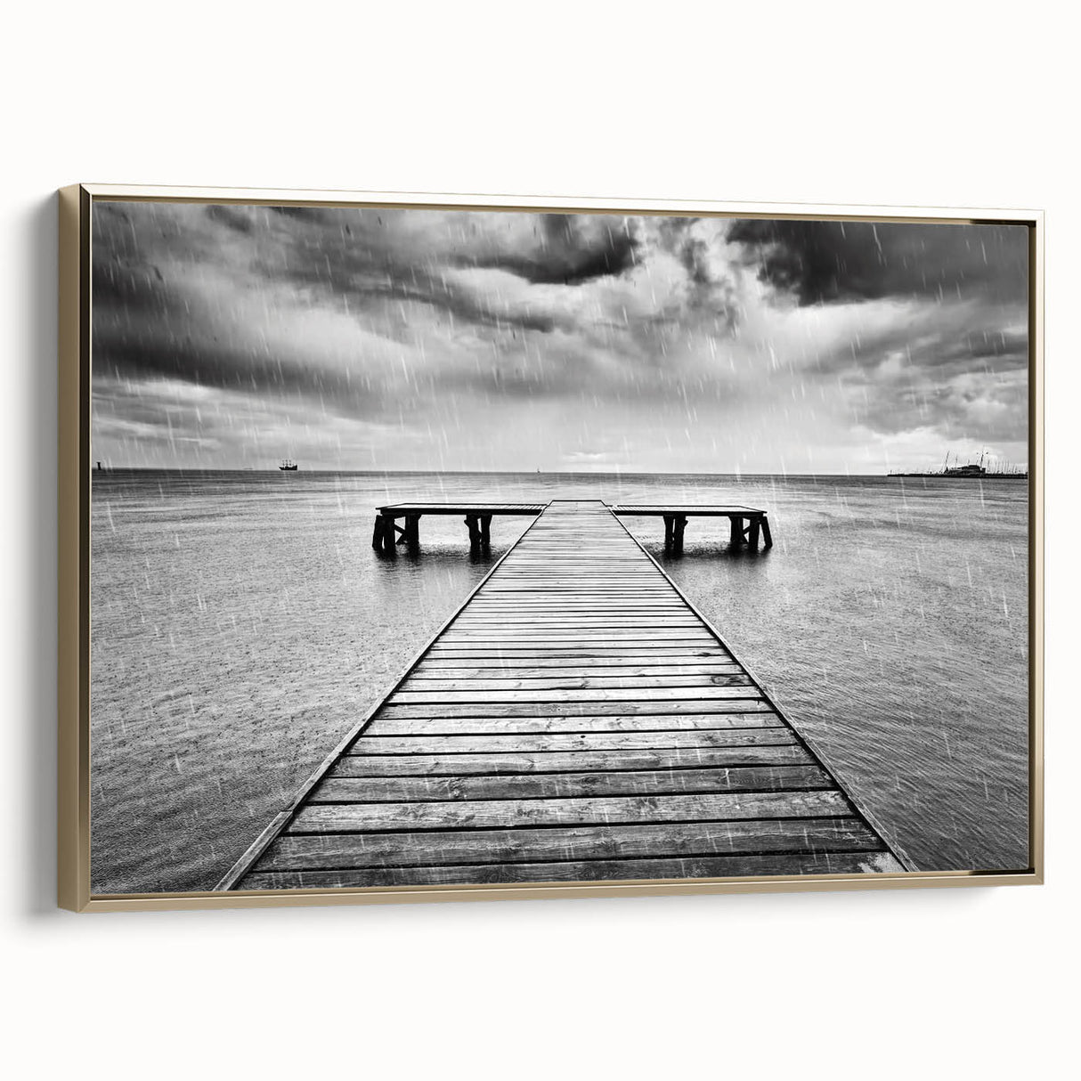 Framed canvas wall art showcasing a serene harbor landscape, featuring rich gold accents and a contemporary design, perfect for enhancing modern home decor.