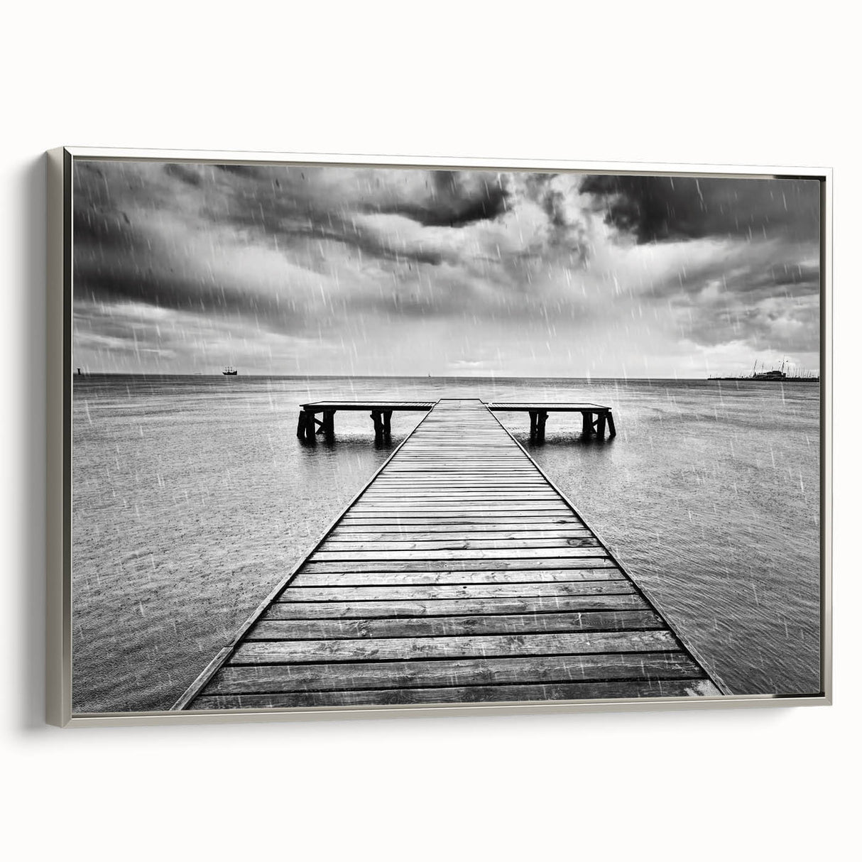 Framed canvas wall art showcasing a serene harbor landscape with silver accents, designed to enhance modern home decor. Ideal for coastal-themed interiors.