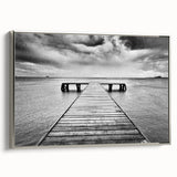 Framed canvas wall art showcasing a serene harbor landscape with silver accents, designed to enhance modern home decor. Ideal for coastal-themed interiors.