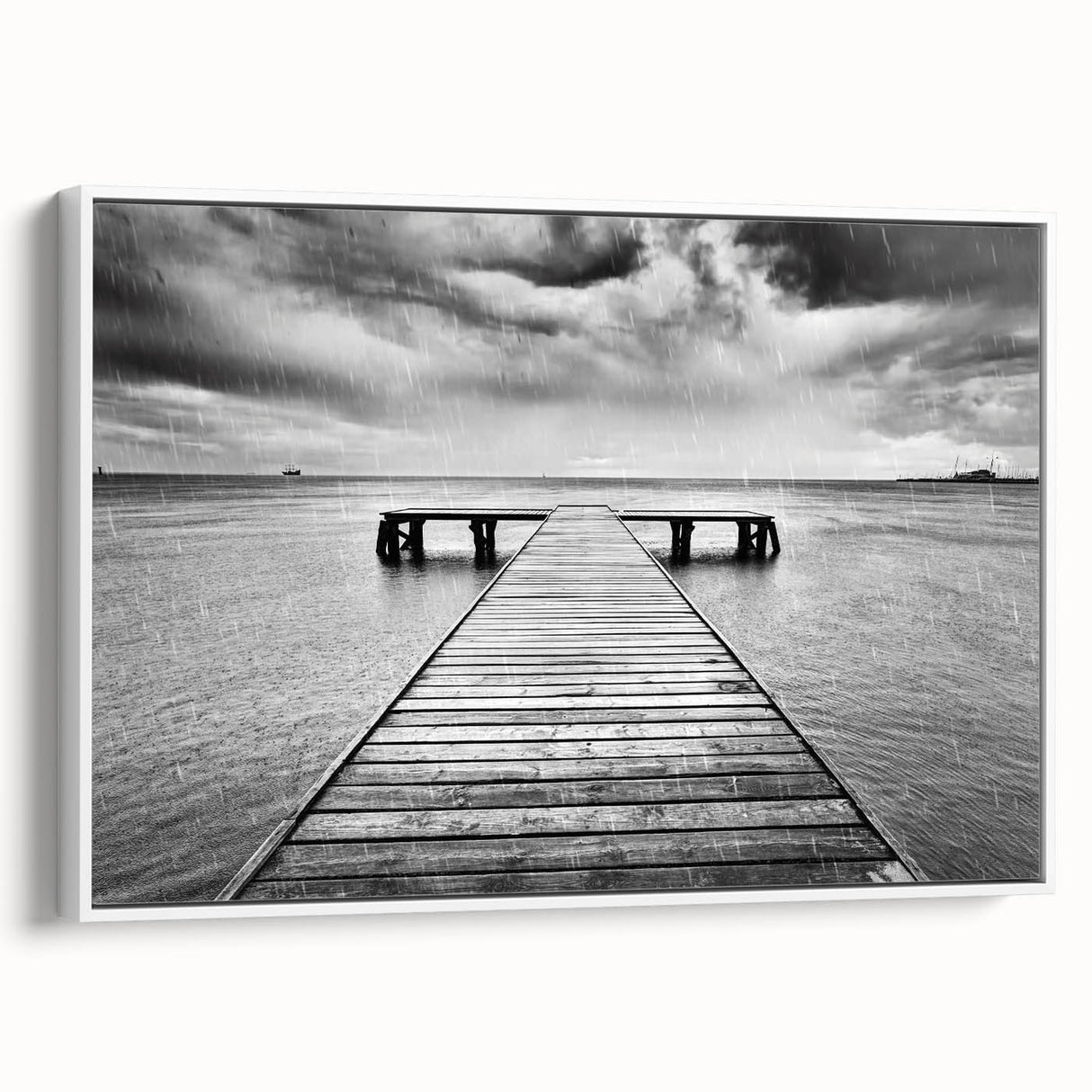 Framed canvas wall art showcasing a serene harbor landscape design with a white border, perfect for home decor. The artwork emphasizes calming colors and tranquil scenery.