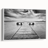 Framed canvas wall art showcasing a serene harbor landscape design with a white border, perfect for home decor. The artwork emphasizes calming colors and tranquil scenery.