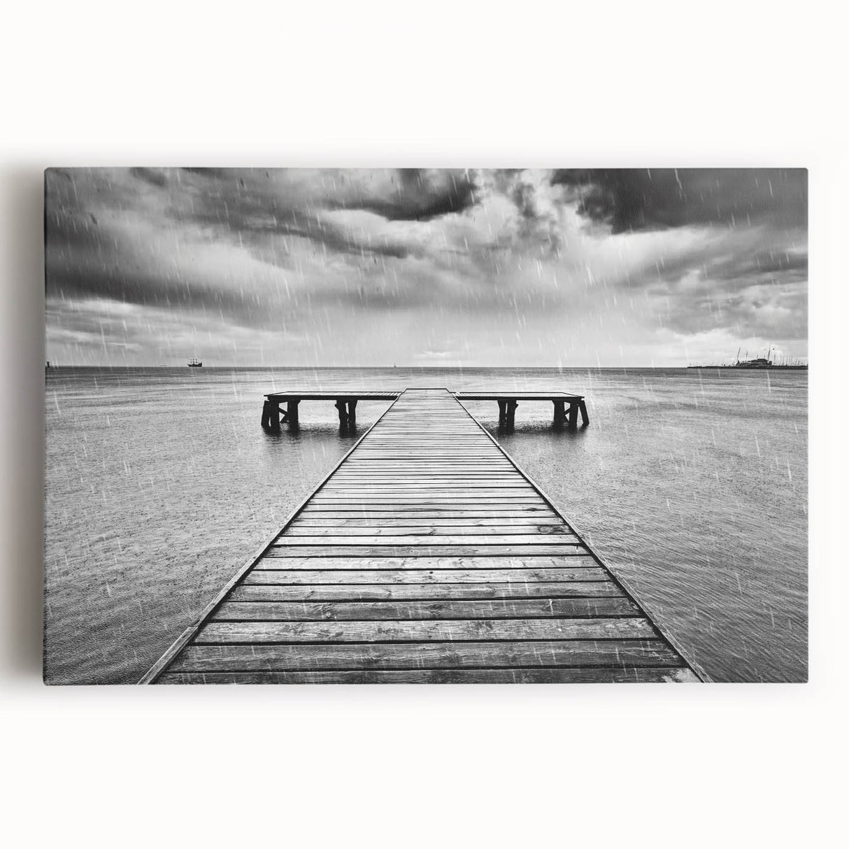 Stretched canvas artwork showcasing a serene harbor landscape design, featuring calming blues and greens, perfect for home decor and enhancing tranquility.