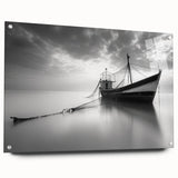 Acrylic glass wall art showcasing a scenic harbor design, displayed in a side view with decorative pins, ideal for enhancing modern interior decor.