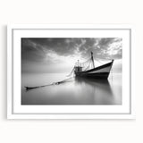 Framed white wall art showcasing a serene harbor landscape design, featuring soft blue and green tones, ideal for coastal decor enthusiasts seeking tranquility.