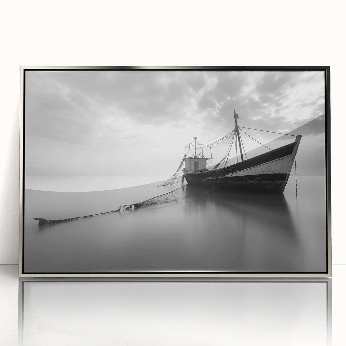 Framed wall art featuring a serene harbor landscape design with silver accents, ideal for home decor, showcasing tranquil waters and vibrant colors.