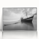 Framed acrylic wall art showcasing a serene harbor landscape design, with a crisp white frame highlighting the vibrant colors and tranquil scene, ideal for home decor.