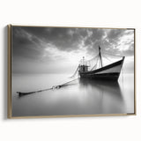 Framed canvas wall art depicting a serene harbor landscape, featuring soft blue and green tones with gold accents, perfect for modern home decor.