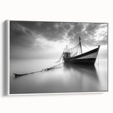 Framed canvas wall art showcasing a serene harbor landscape design with soft blue and green tones, elegantly displayed from a side view against a white background.