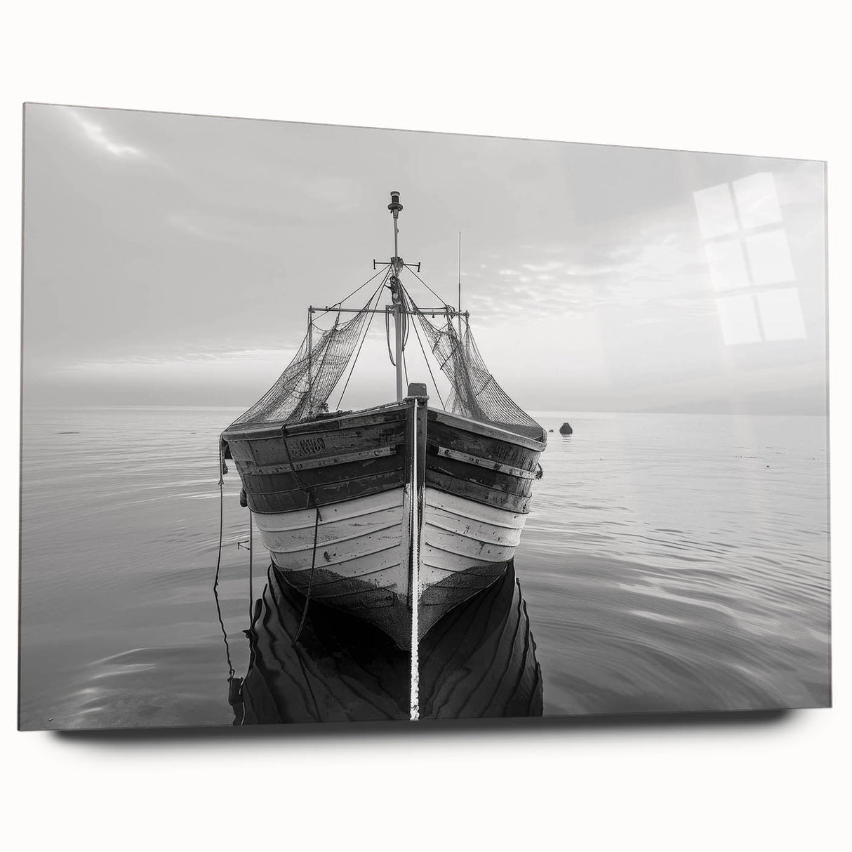 Acrylic glass wall art design showcasing a serene harbor landscape, featuring vibrant blues and greens, displayed in a side view without pins, ideal for modern decor.