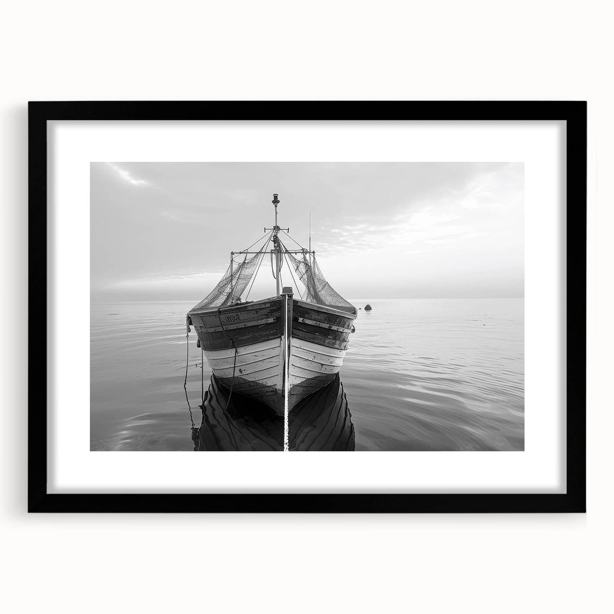 Black-framed wall art showcasing a serene harbor landscape design, complete with a white mat, perfect for enhancing home decor with a touch of elegance.