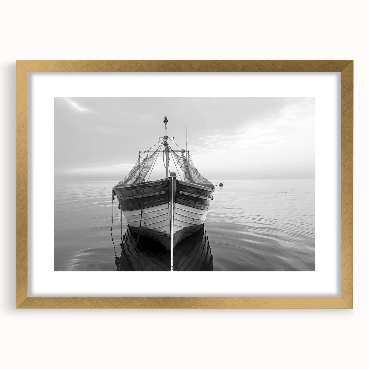 Framed wall art from the Landscapes Harbor Design 23 collection, featuring a gold mat, showcasing a serene coastal scene with tranquil colors, perfect for modern decor.