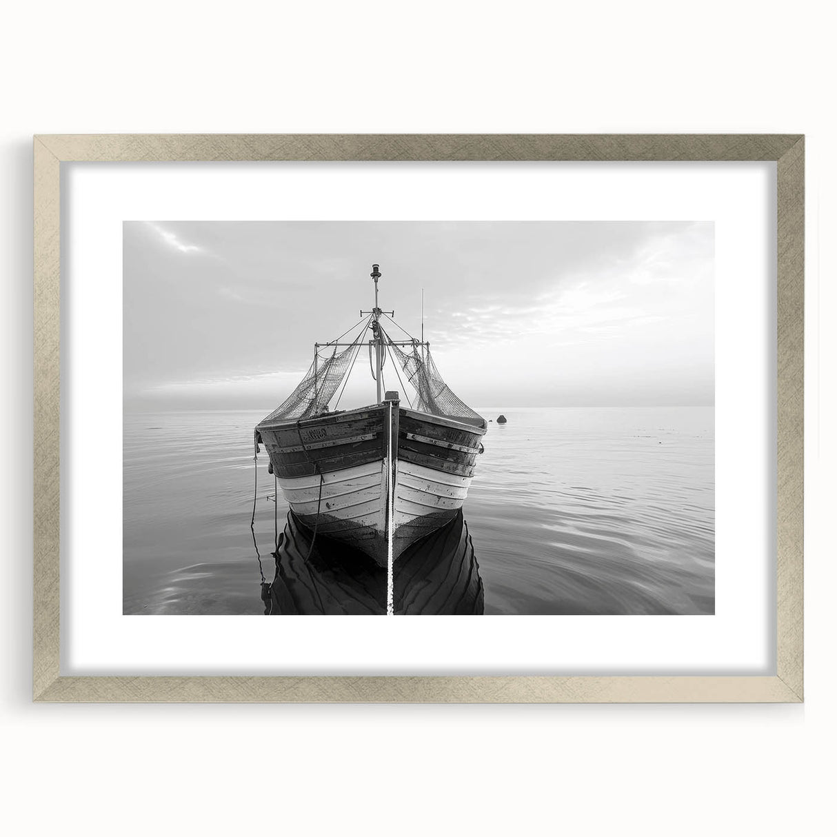 Framed silver wall art depicting a serene harbor landscape, featuring calming blue tones and intricate details, perfect for home decor and interior design.